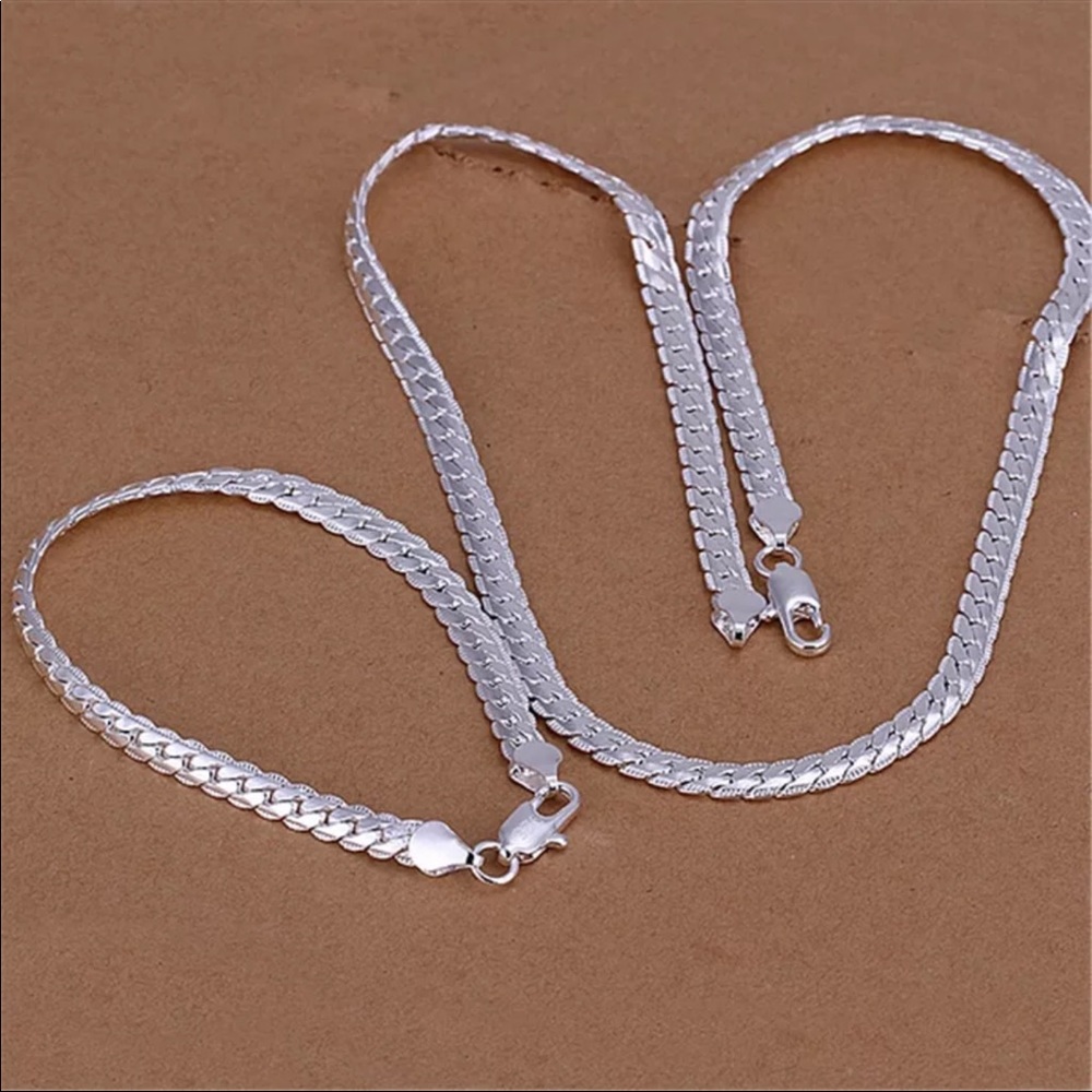 New Unisex 925 Silver European style retro 6MM flat chain necklace bracelets Set